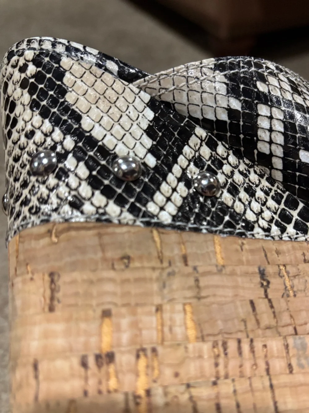 Marc Fisher Black and White Snake-Print Cork Wedge Mules